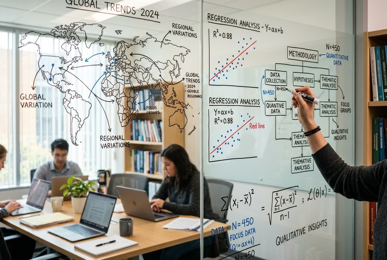 CEERAT research methodology whiteboard with statistical frameworks and world maps